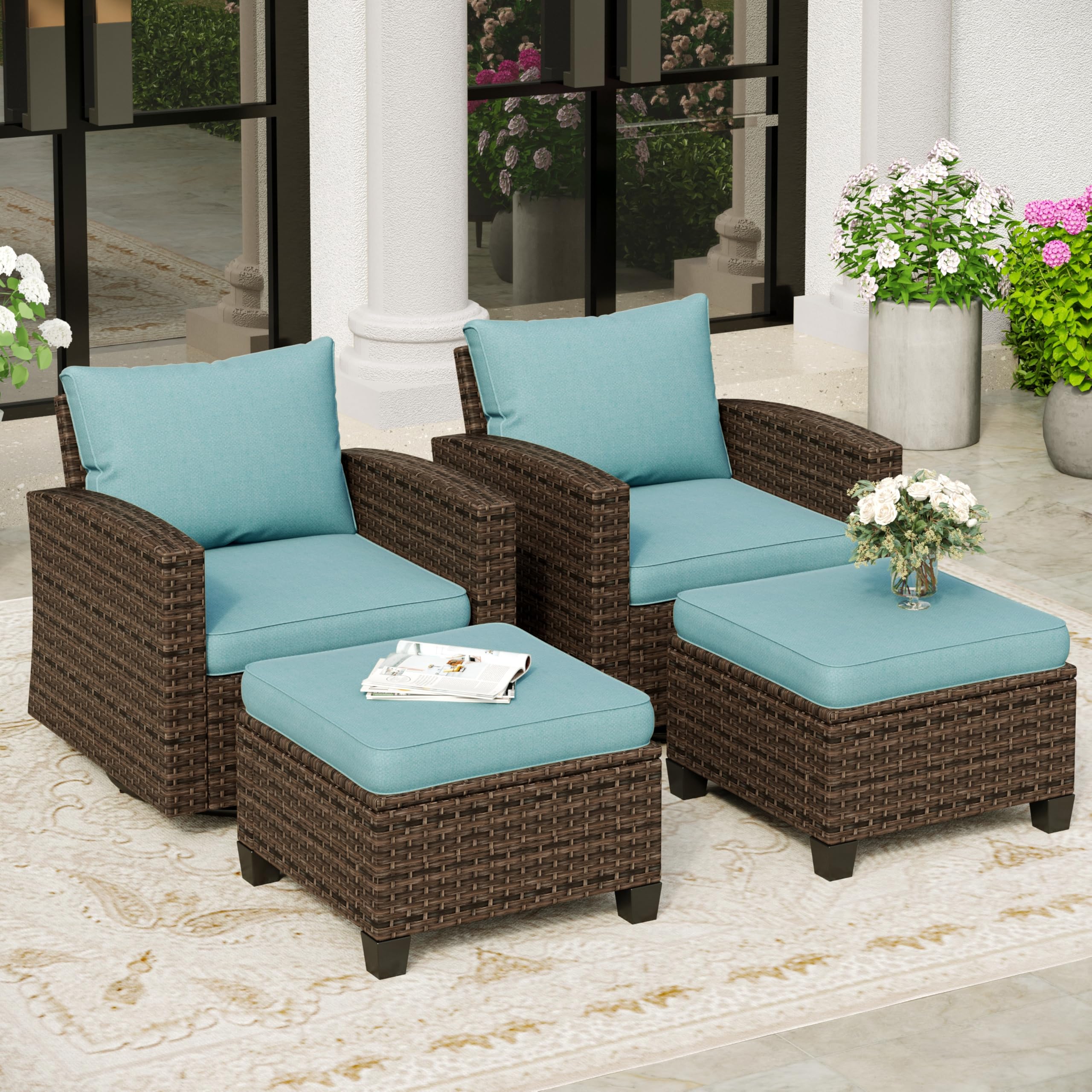 SUNSHINE VALLEY Swivel Glider Outdoor Patio Furniture Set,Wicker Patio Furniture Set with Swivel Chairs,Rattan Outdoor Furniture Small Patio with 4" Thick Waterproof Cushion,4 Pieces 4 Seats,Blue