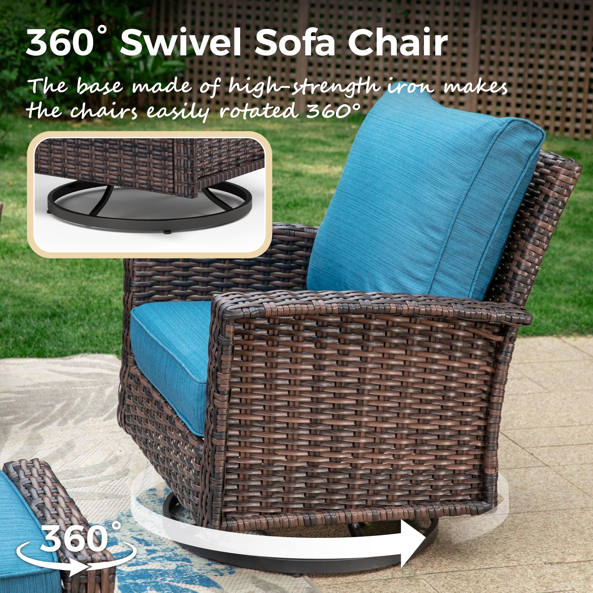 MIXPATIO Swivel Patio Wicker Chairs Set of 2, Outdoor Swivel Patio Rattan Chairs with High Back and 5.5" Thick Cushions for Bistro Balcony Porch Deck and Yard, Peacock Blue