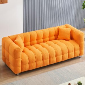 dolonm modern sofa couch with metal legs upholstered tufted 3 seater couch with 2 pillows decor furniture for living room, bedroom, office, 80 inch wide(orange-teddy)