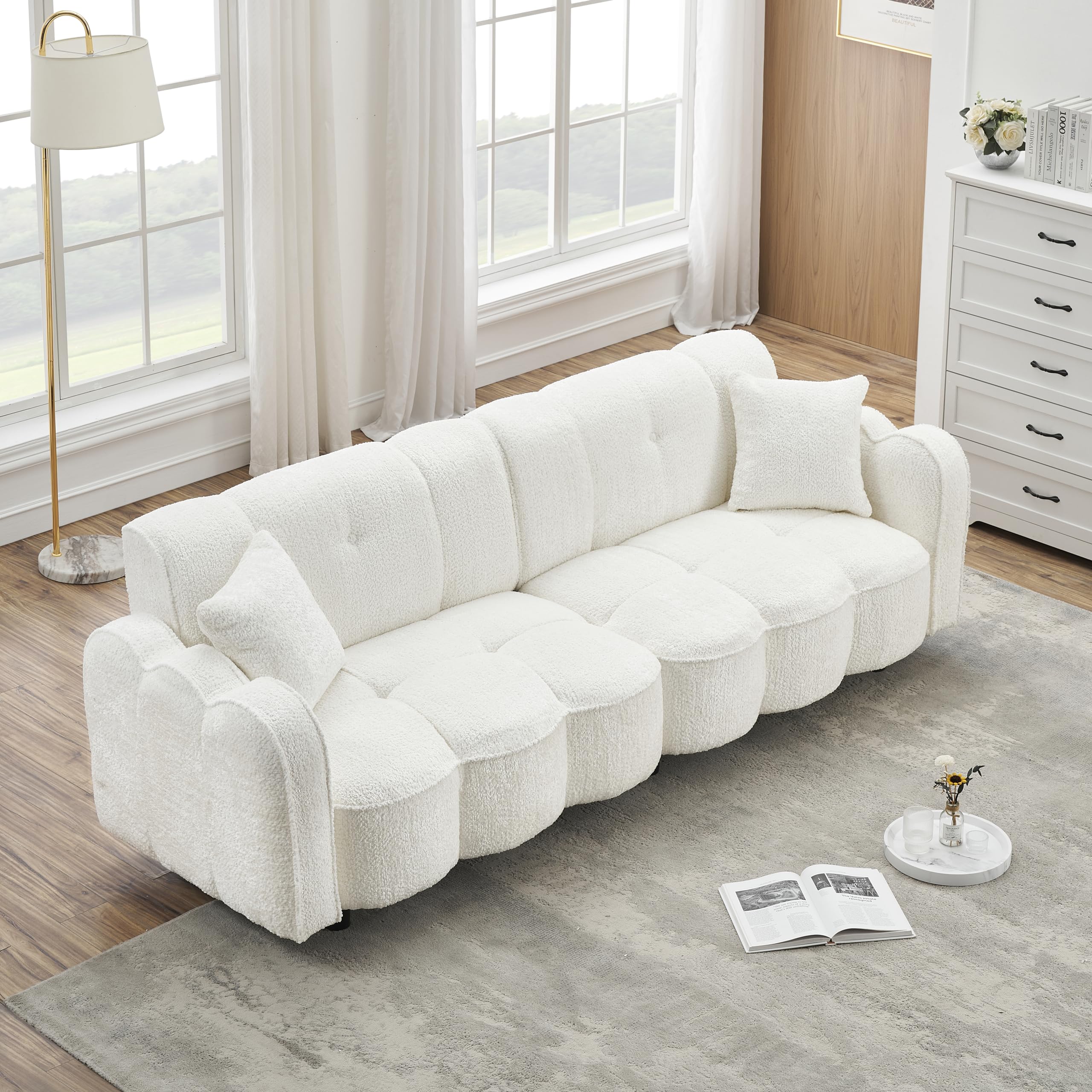 Elevon 96 Inch Modern Sofa Couch, Comfy Cloud Couch Loveseat Sofa Teddy Velvet Upholstered, 3 Seater Cozy Deep Seat with 2 Pillows for Living Room Bedroom Apartment Office, White