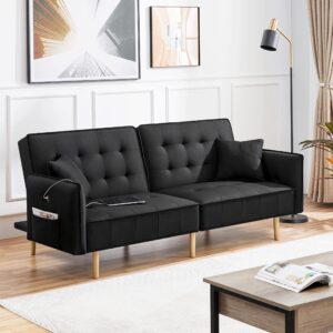 Yaheetech Futon Sofa Bed Convertible Couch Sofa with USB Ports Fabric Sleeper Sofa Split-Back Loveseat for Living Room, Studio, Office, Black