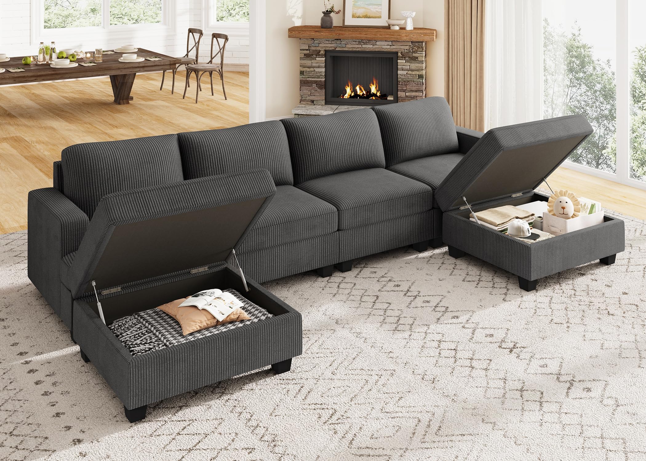 Nolany Corduroy Sectional Couch with Storage Ottoman, U Shape Sectional Sofa with Storage Chaise, Modular Sectional Couches for Living Room, Dark Grey