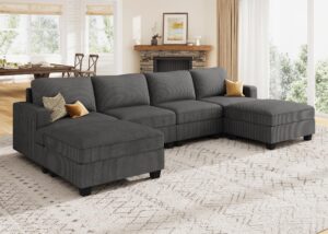 nolany corduroy sectional couch with storage ottoman, u shape sectional sofa with storage chaise, modular sectional couches for living room, dark grey