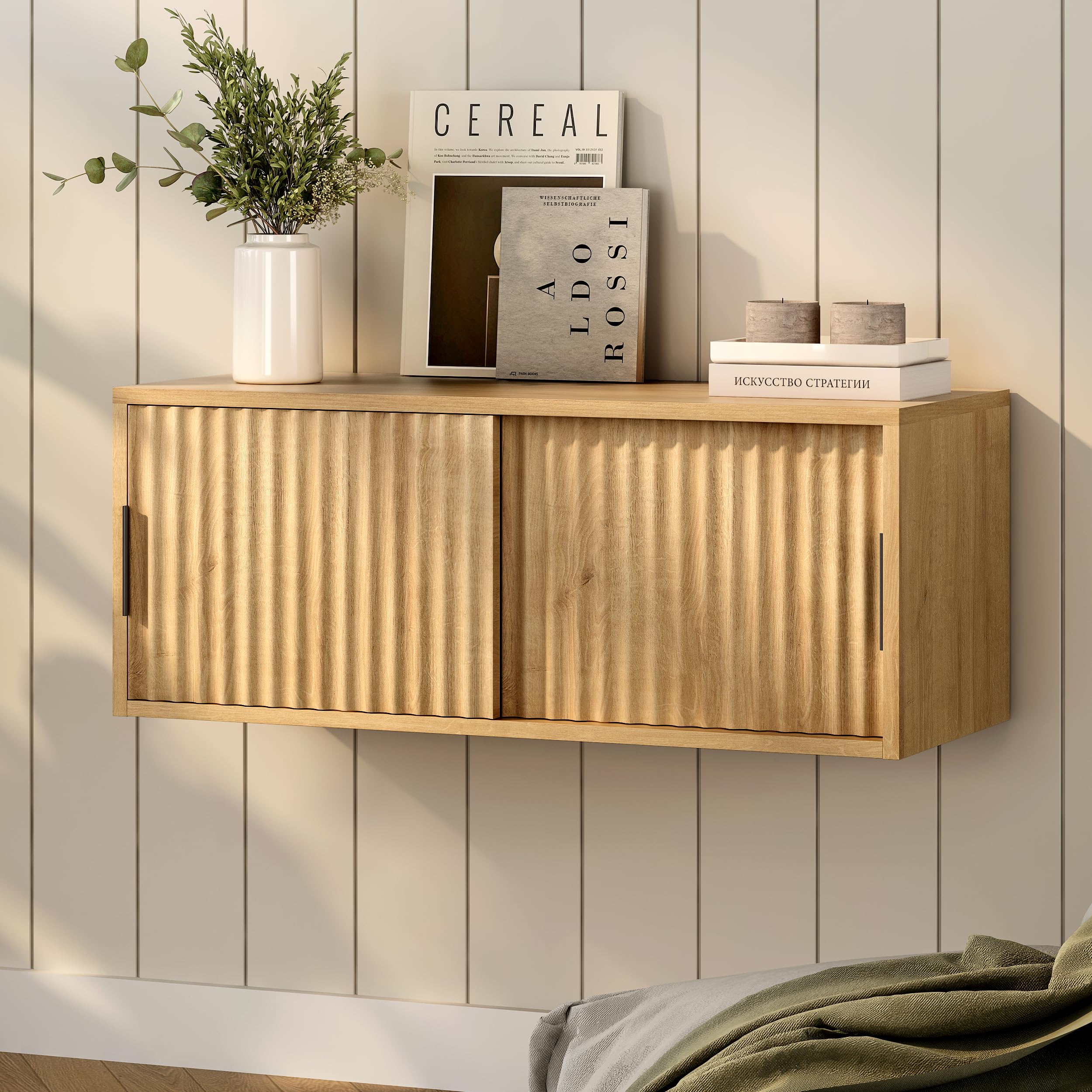 EYYTHUNG Fluted Wall Cabinet with Sliding Doors, Modern Large Floating Nightstand Storage Shelf Bedside Tables for Bedroom, Study Room Natural Oak