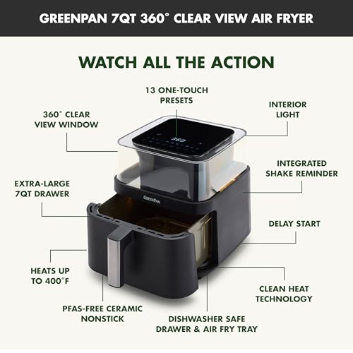 GreenPan Clearview Extra Large 7QT Air Fryer, 360° Clear Window, PFAS-Free Ceramic Nonstick Drawer and Tray, Heat to 400°F, 13-Presets, Shake Reminder, Keep Warm, Delay Start, Dishwasher Safe Parts