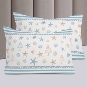 Lsrtoss Coastal Christmas Twin Duvet Cover Set for All Season, Xmas Tree Starfish Beach Blue Striped Microfiber 3 Piece Bedding Set with 2 Pillowcases & 1 Quilt Cover, 68" W x 86" L, Twin Size