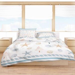 Lsrtoss Coastal Christmas Twin Duvet Cover Set for All Season, Xmas Tree Starfish Beach Blue Striped Microfiber 3 Piece Bedding Set with 2 Pillowcases & 1 Quilt Cover, 68" W x 86" L, Twin Size