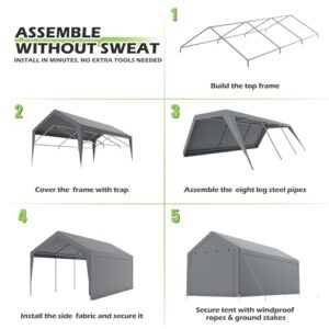 Magshion 10'x20' Carport Heavy Duty Car Canopy Portable Garage with Roll Up Zipper Door, 180g PE Tarps, W/Side Tarps for Sandbag Mounting, Boat Shelter for Car, Truck and Party (Gray)