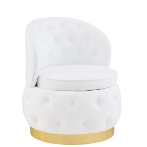 Accent Chair Barrel Chair with Storage Function Round Armchair Small Accent Chair Comfy Tufted Button Cushion for Living Room Bedroom Office (White)