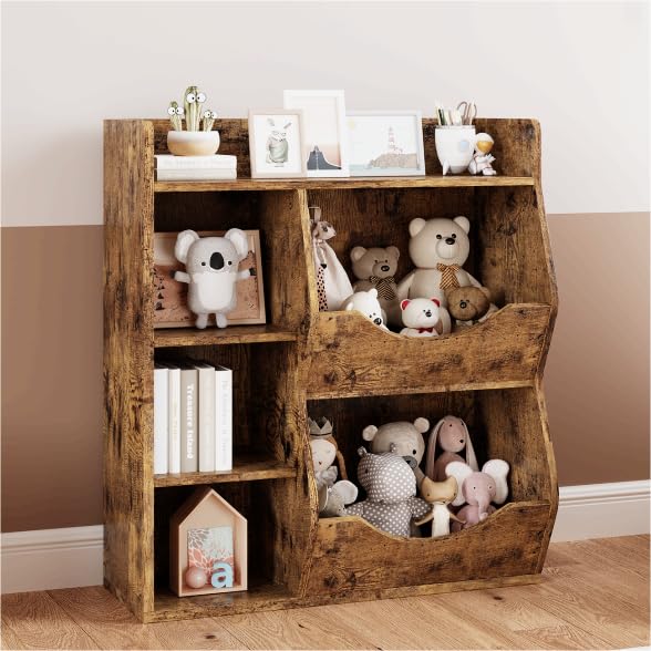 coucheta Rustic Brown 5-Cubby Kids Bookshelf & Playful Bookcase for Boys and Girls, Toy Storage Organizer for Books and Toys, for Kindergarten, Bedroom and Playroom