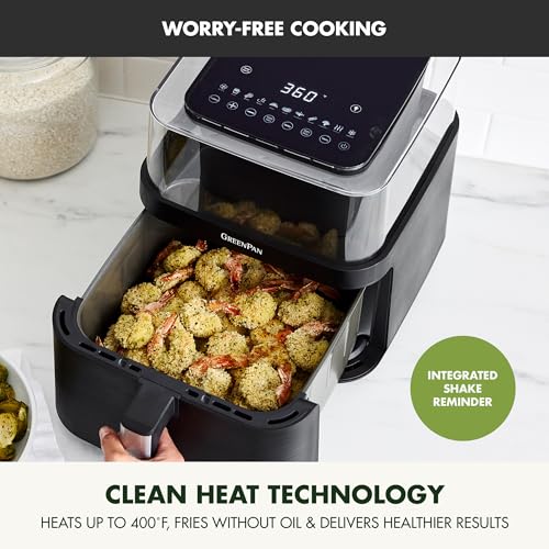 GreenPan Clearview Extra Large 7QT Air Fryer, 360° Clear Window, PFAS-Free Ceramic Nonstick Drawer and Tray, Heat to 400°F, 13-Presets, Shake Reminder, Keep Warm, Delay Start, Dishwasher Safe Parts