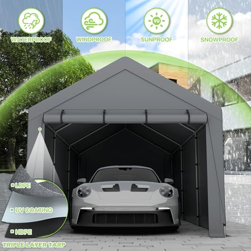 Magshion 10'x20' Carport Heavy Duty Car Canopy Portable Garage with Roll Up Zipper Door, 180g PE Tarps, W/Side Tarps for Sandbag Mounting, Boat Shelter for Car, Truck and Party (Gray)