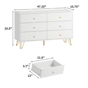 CARPETNAL White Dresser for Bedroom, 6 Drawer Dresser with Wide Drawers and Gold Metal Handles, Wood Dressers & Chest of Hallway, Nursery.