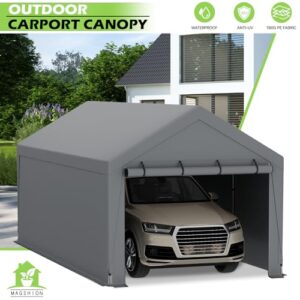 Magshion 10'x20' Carport Heavy Duty Car Canopy Portable Garage with Roll Up Zipper Door, 180g PE Tarps, W/Side Tarps for Sandbag Mounting, Boat Shelter for Car, Truck and Party (Gray)