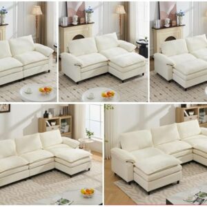 Aoowow Modular Sectional Sofa Modern Convertible U Shaped Couch,118.9 Inch Deep 3-Seater Sofas Set Comfy Chenille Cloud Sofas and Couches with Movable Ottoman for Living Room Apartment(Beige)