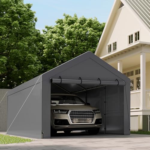 Magshion 10'x20' Carport Heavy Duty Car Canopy Portable Garage with Roll Up Zipper Door, 180g PE Tarps, W/Side Tarps for Sandbag Mounting, Boat Shelter for Car, Truck and Party (Gray)