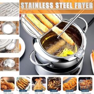 Japanese Deep Fryer Pot, Stainless Steel Deep Fryer Pot, Deep Fryer Pot, Stainless Steel Frying Pot With Thermometer And Oil Drip Drainer Rack (7.87 in,Silver)