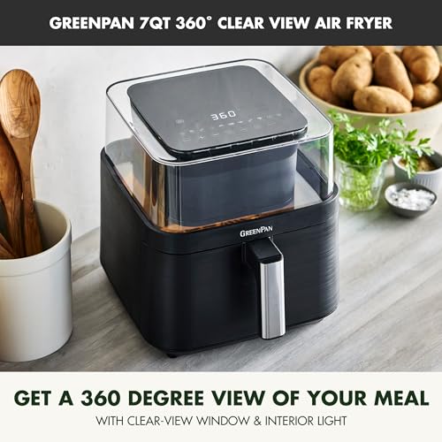 GreenPan Clearview Extra Large 7QT Air Fryer, 360° Clear Window, PFAS-Free Ceramic Nonstick Drawer and Tray, Heat to 400°F, 13-Presets, Shake Reminder, Keep Warm, Delay Start, Dishwasher Safe Parts