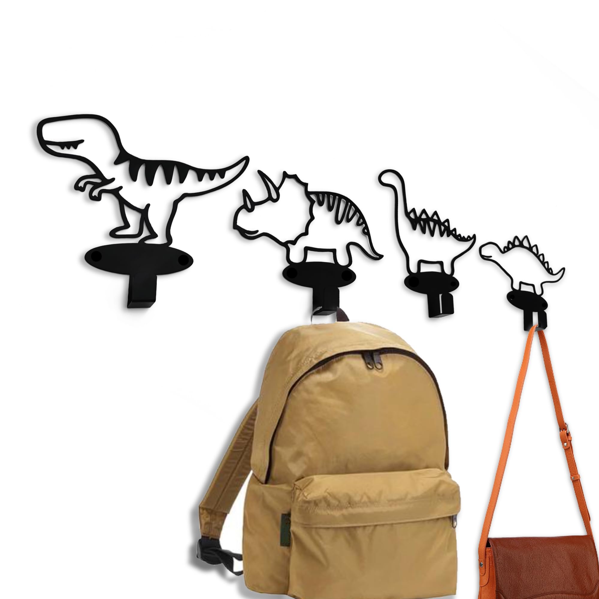 4 Piece Set Cartoon Dinosaur Silhouette Shape Coat Hooks Wall Mounted Matte Black Metal Wall Hanger Hooks for Coat Hat Garments Leashes Modern Minimalist Design Dinosaur Room Decor for Boys Girls Kids