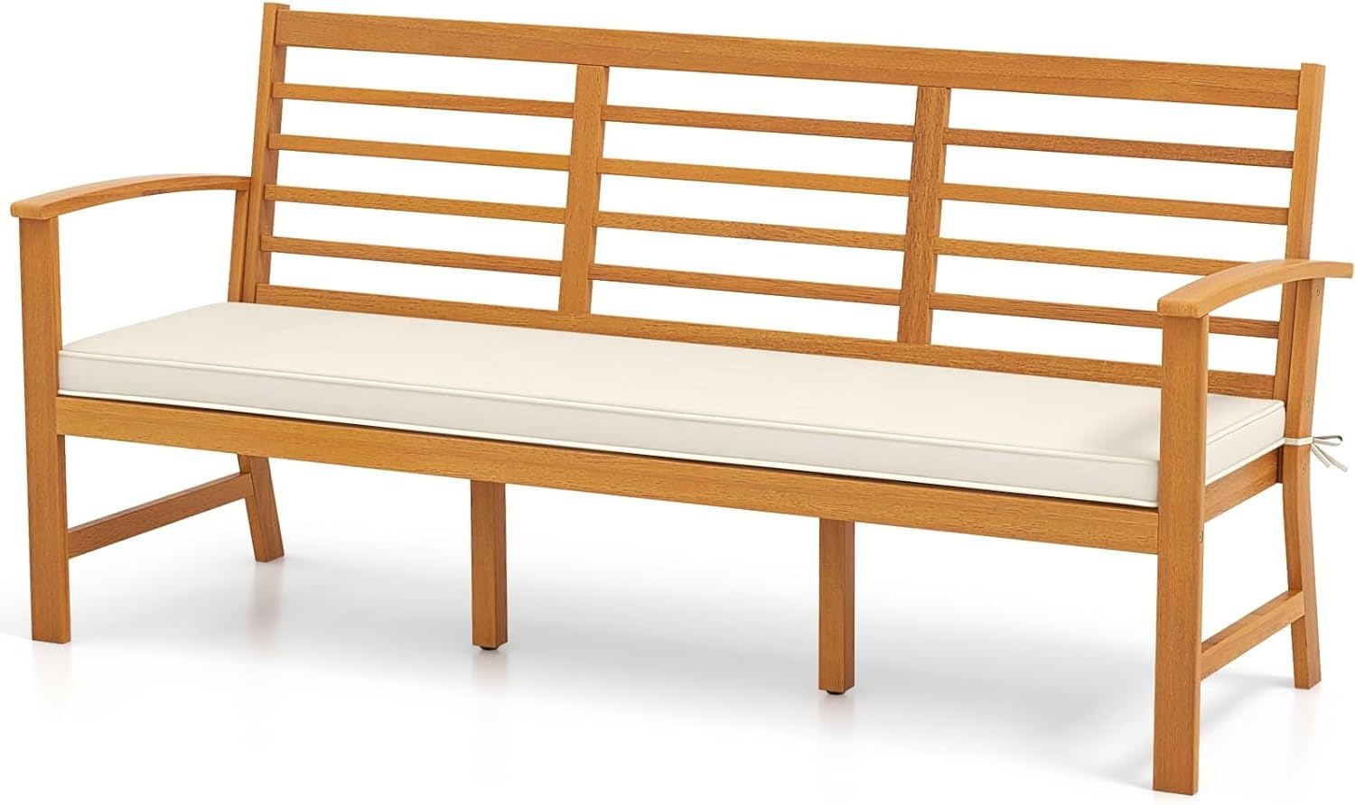 RELAX4LIFE 64’’ Outdoor Bench Acacia Wood - 3-Seat Patio Bench w/Slatted Backrest, Armrests & Seat Cushion, Extra Long Front Porch Bench for Park Poolside Yard, 1200LBS Capacity, 3-Person Garden Bench