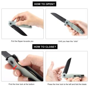 EMHTiii D2 Steel Folding Pocket Knife with Reversible Clip: 3.14" Black Sheepsfoot Blade, Liner Lock, G10 Handle, Small EDC Flipper Knives Camping Tool for Man & Women, Transparent Green