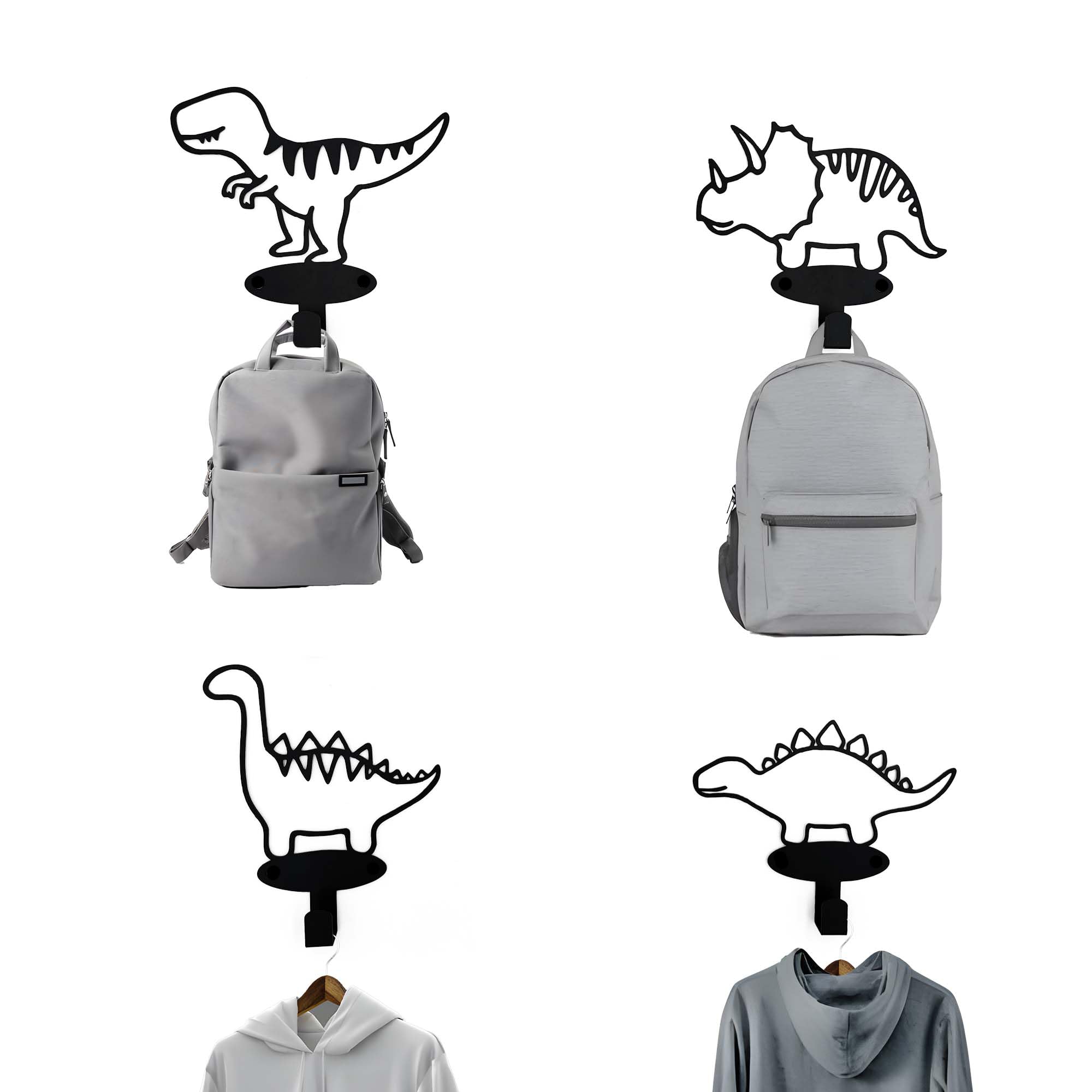 4 Piece Set Cartoon Dinosaur Silhouette Shape Coat Hooks Wall Mounted Matte Black Metal Wall Hanger Hooks for Coat Hat Garments Leashes Modern Minimalist Design Dinosaur Room Decor for Boys Girls Kids