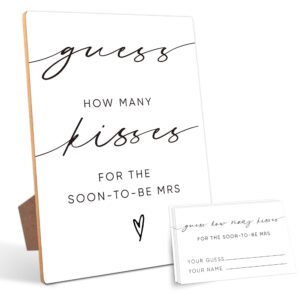 how many kisses bridal shower game, bridal shower games, bridal shower decorations, bridal party decorations, bachelorette party games,1 wooden play sign with stand and 50 guessing cards set