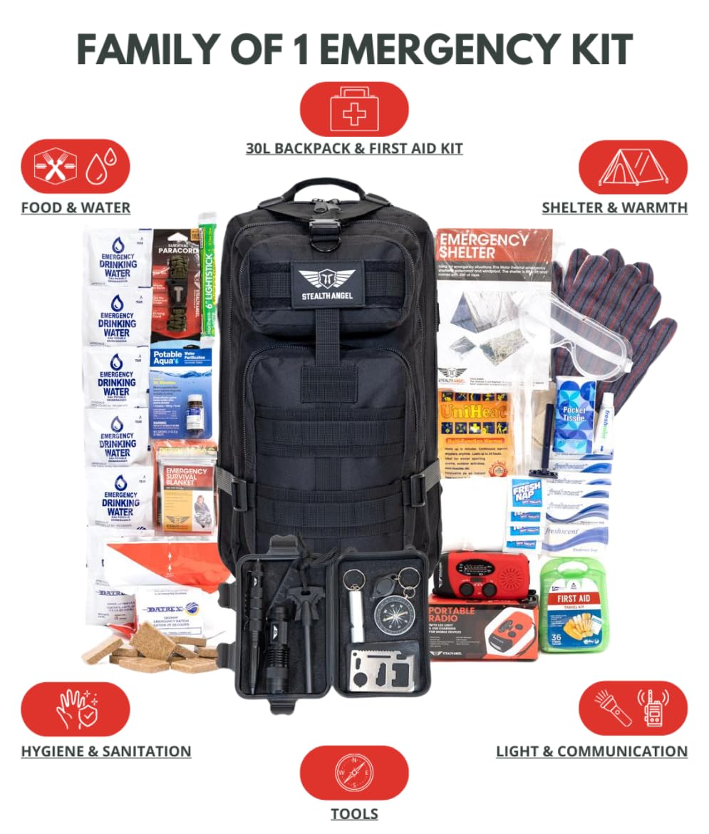 Stealth Angel 1 Person Black 72 Hour Emergency Kit - Survival Bag for Earthquakes, Hurricanes, and Other Natural Disasters