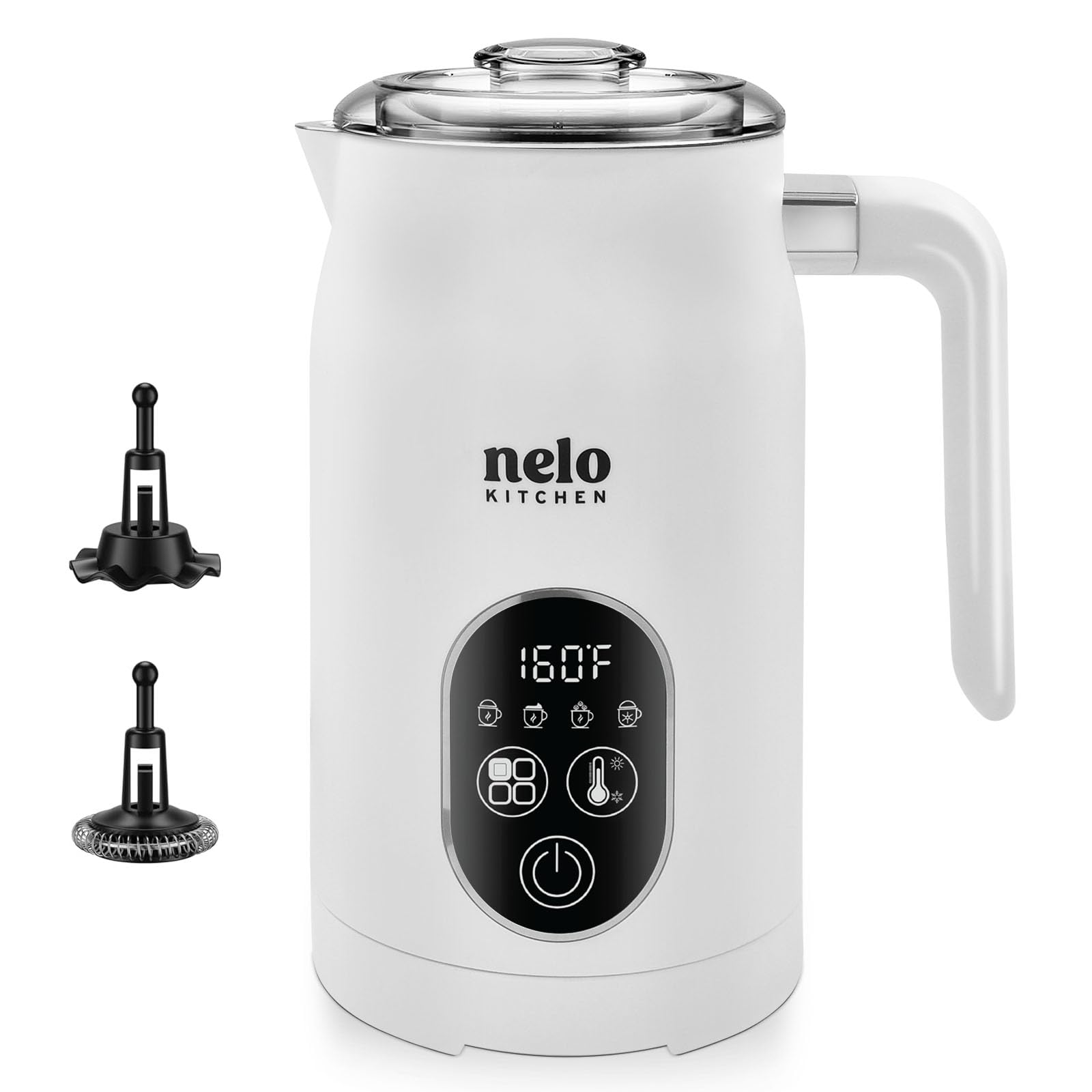 NELO Electric Milk Frother, 4 In 1 Digital Milk Frother and Steamer with Real-Time Temperature Control, Automatic Frother for Coffee, Latte, Hot Chocolate, Cappuccinos, BPA Free Stainless Steel, White