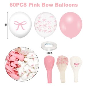 JarThenaAMCS 60Pcs Party Decoration Pink Bow Latex Balloon 12 in Pink White Bowknot Party Balloon Cute Bowtie Clear Printed Balloon for Birthday Bachelorette Bridal Party Decor