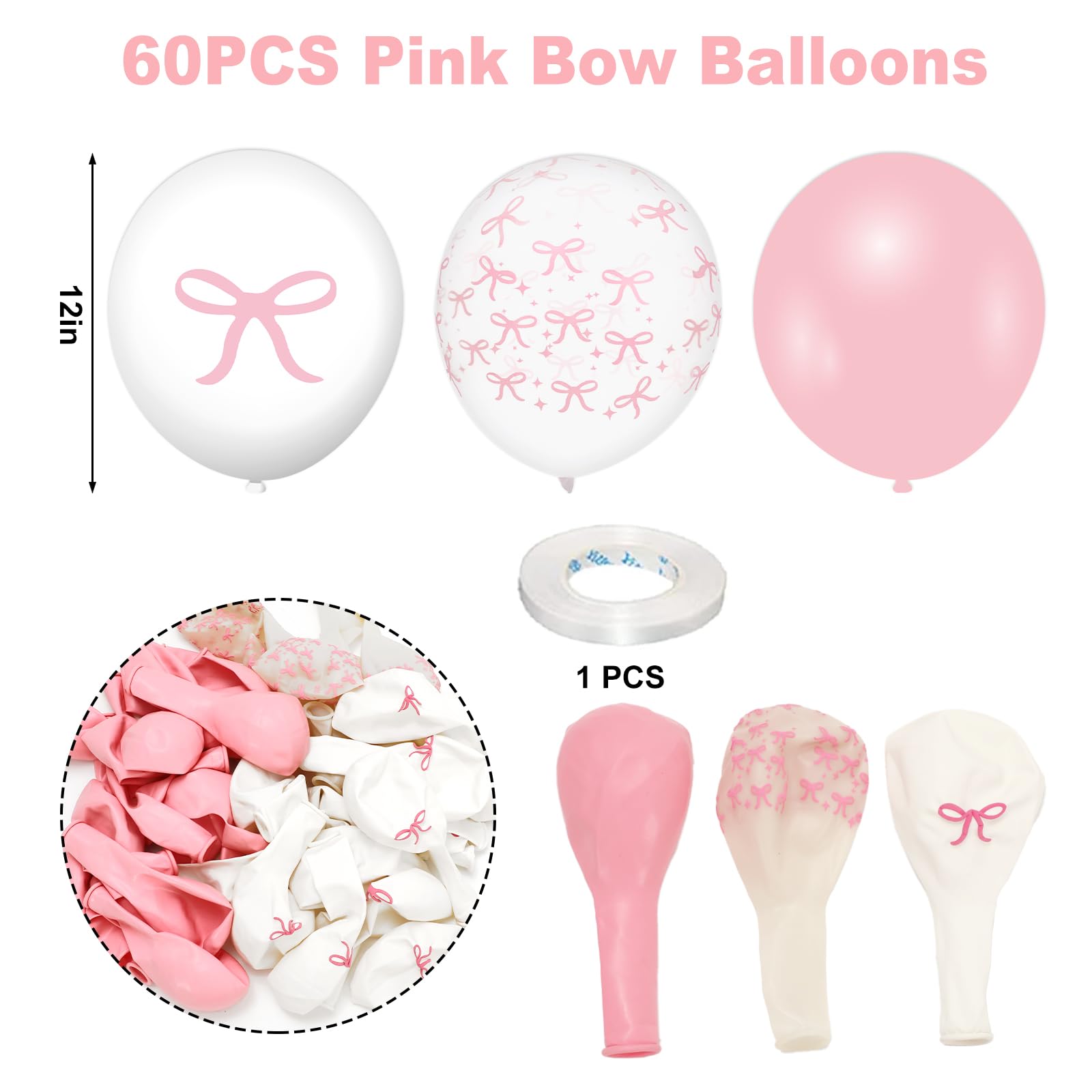 JarThenaAMCS 60Pcs Party Decoration Pink Bow Latex Balloon 12 in Pink White Bowknot Party Balloon Cute Bowtie Clear Printed Balloon for Birthday Bachelorette Bridal Party Decor