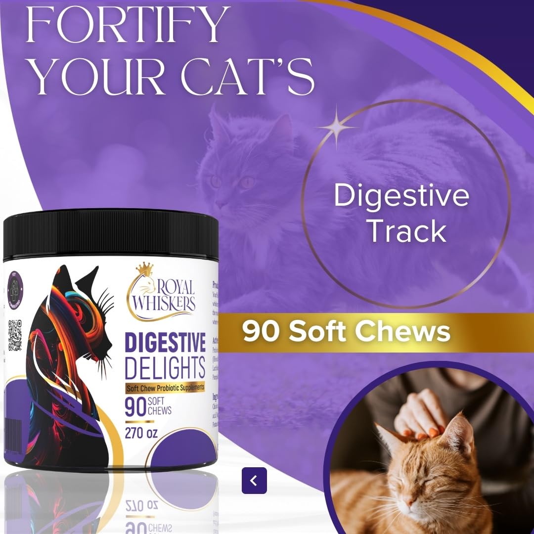 Royal Whiskers Digestive Delights - Probiotic Soft Chews for Cats, Enriched with Pumpkin & Probiotic Blend for Ultimate Gut Health Formulated Specifically for Felines, 90 Premium Chews, Made in USA