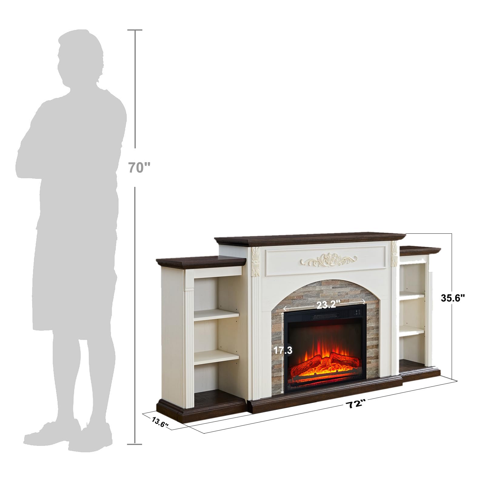 72" Electric Fireplace with Mantel, White TV Stand for TVs Up to 80 Inch, Farmhouse Entertainment Center with Storage for Bedroom,23'' Fireplace Insert Heater for Living Room