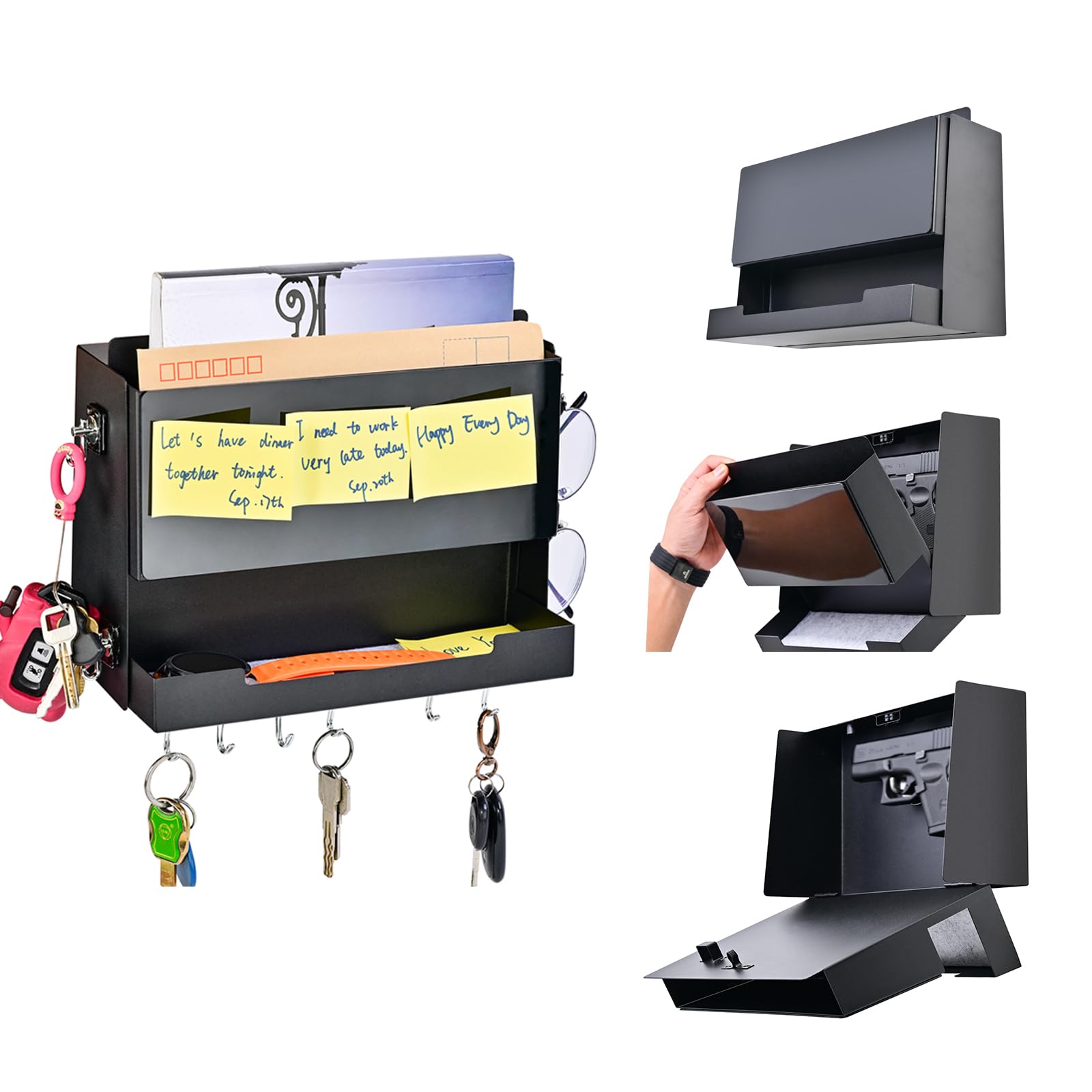 MODorlia Wall Key Holder and Mail Organizer, with Independent Hidden Space (with Hidden Lock), Including Wallet Holder, Message Board, Letter Storage Space, Equipped with 11 Hooks.