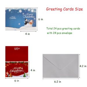 24 Pcs Christmas Greeting Cards with Envelope, Xmas Thank You Cards with 6 Patterns, Assorted Happy Holiday Cards Gifts for Family, Friends on Christmas, New Year 4 x 6 Inches