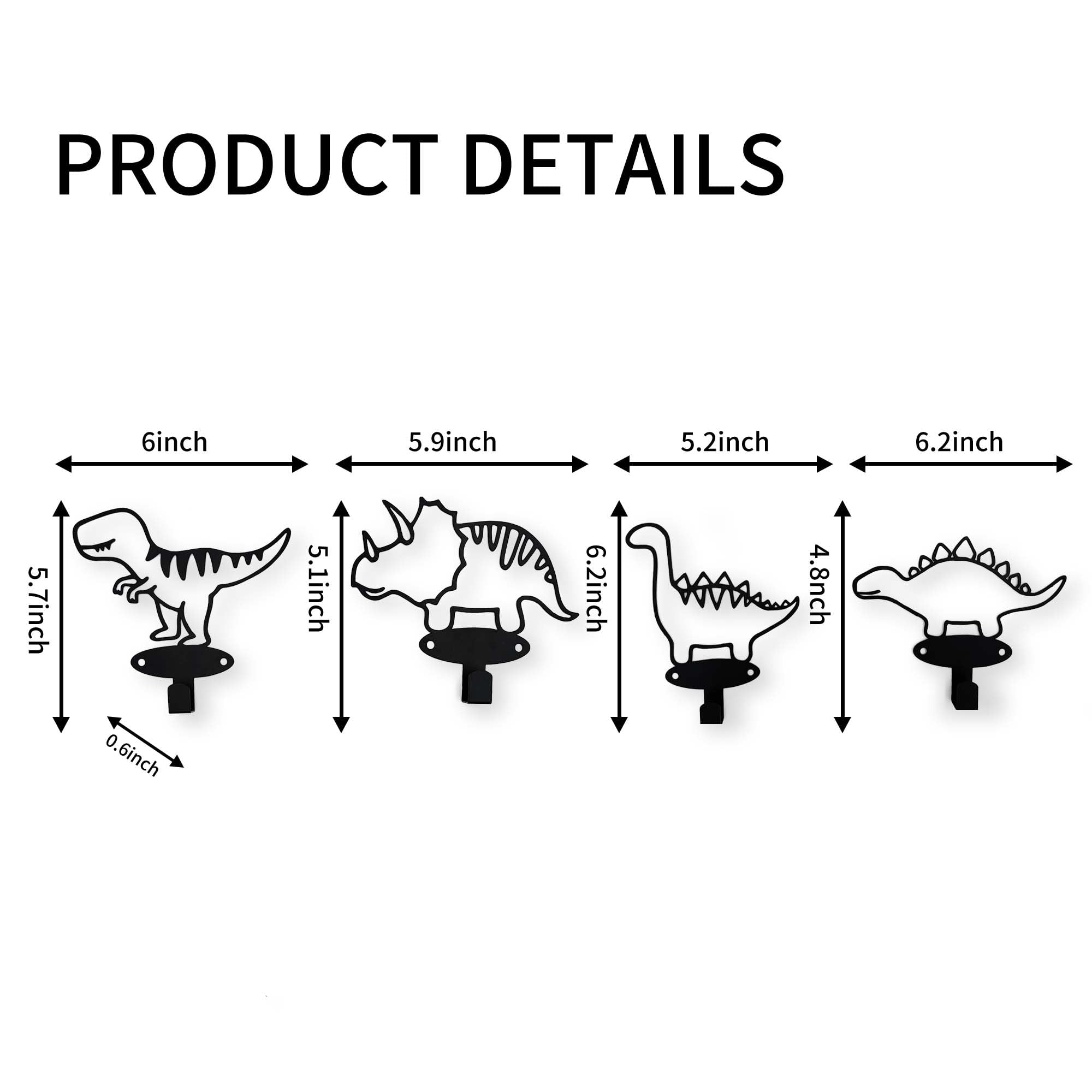 4 Piece Set Cartoon Dinosaur Silhouette Shape Coat Hooks Wall Mounted Matte Black Metal Wall Hanger Hooks for Coat Hat Garments Leashes Modern Minimalist Design Dinosaur Room Decor for Boys Girls Kids