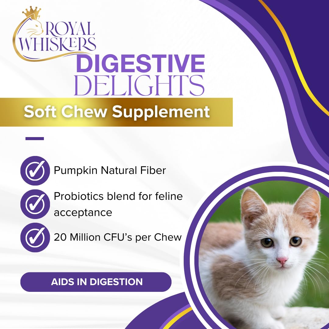 Royal Whiskers Digestive Delights - Probiotic Soft Chews for Cats, Enriched with Pumpkin & Probiotic Blend for Ultimate Gut Health Formulated Specifically for Felines, 90 Premium Chews, Made in USA