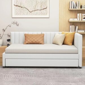 UOCFYK Full Upholstered Daybed with Trundle and Safety Fence,Sofa Bed Frame w/Put Out Sofa Bed Design for Guest Room, Bedroom,No Box Spring Needed, Beige