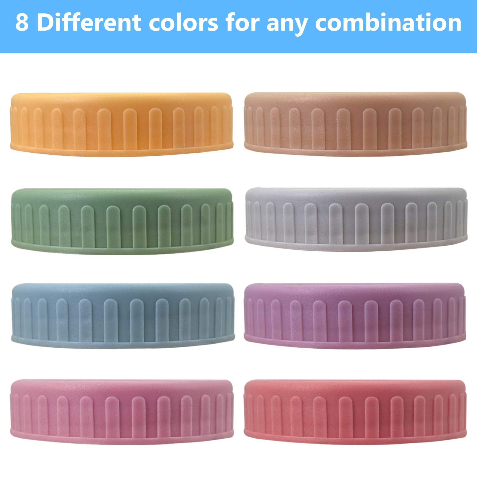 CJPSL Plastic Mason Jar Lids (8PCS) - Macaron Color Mason Jar Lids for Mason Jars, Ball Jars, Kerr Jars, etc. with Silicone Rings，Thickened and leakproof, Reusable Jar Lid Tops. (Regular mouth 70 mm)