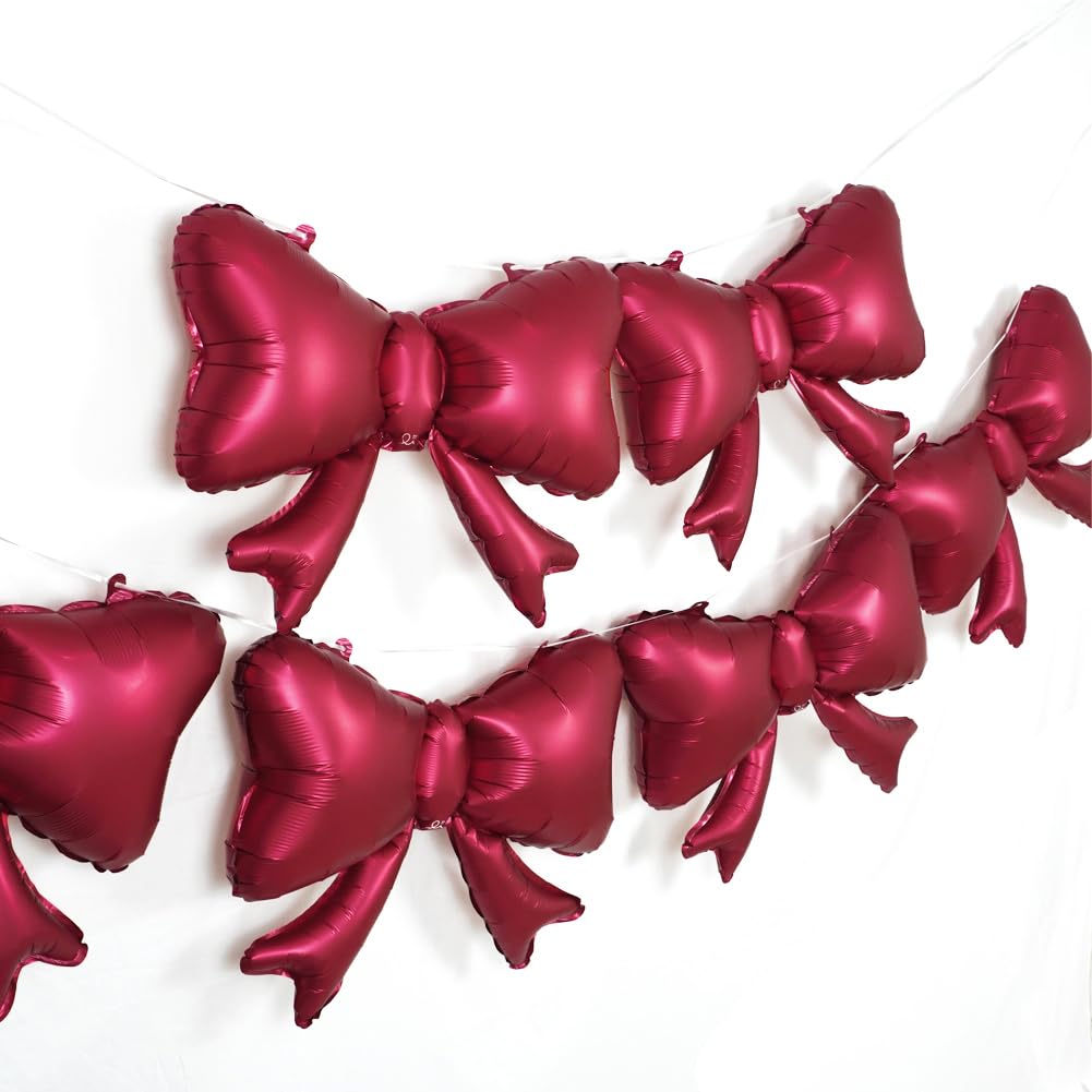 6 Pieces Bow Balloons, Red Matte Metallic Foil Bowtie Balloon, Big Burgundy Bow Balloons for Women Girls Birthday Party, Wedding Bridal Shower, Valentine's Day Party, Balloon Garland Accessories