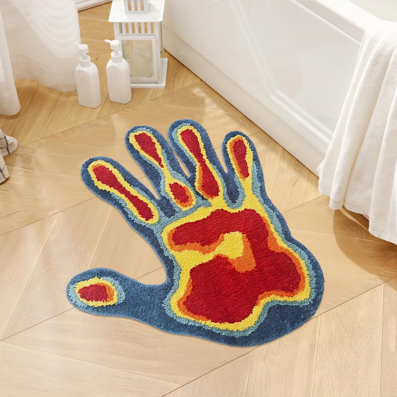 Shovagy Hand Shaped Rug Fun Bedroom Rug Aesthetic Cool Bathroom Rugs Cute Cartoon Abstract Bathroom Mat Extra Soft Tufted Quick Dry Non Slip Bath Mats for Bathroom (Red,2.6 x 2.6FT)