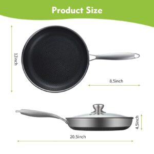 Toutrop Non Stick Frying Pans, Hybrid 12 Inch Frying Pans Nonstick with Lid, Stainless Steel Skillets Chef Cookware, PFOA Free, Works on Induction,Ceramic,Gas Cooktops and Ovens