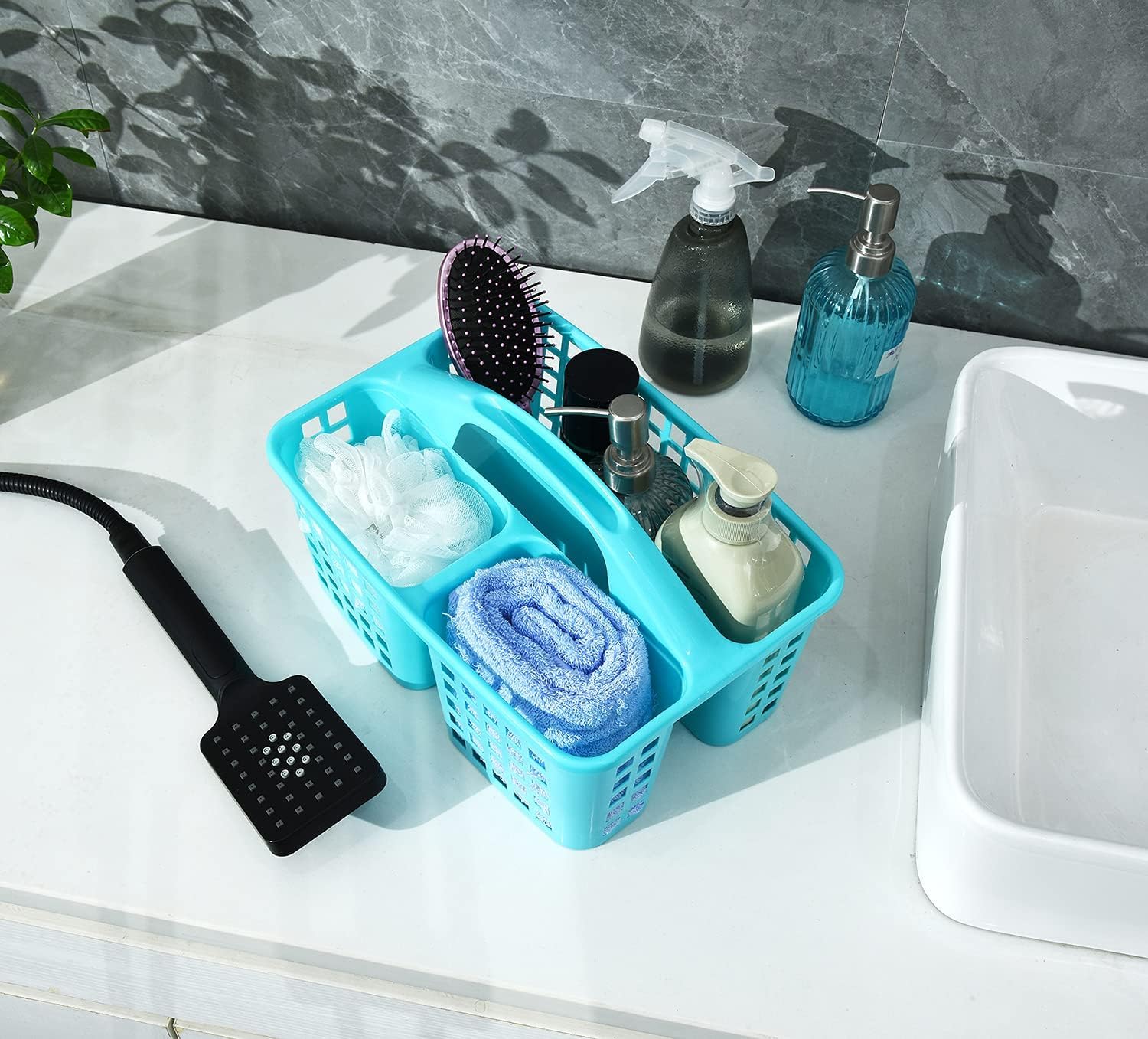 Boxonly Portable Shower Caddy Basket,Convenient Cleaning Supplies Organizer with Compartments and Handle,Ideal for Bathroom, Bedroom, Kitchen, College Dorm,Garden,etc.12.4" x 7.4" x 5.1"Blue