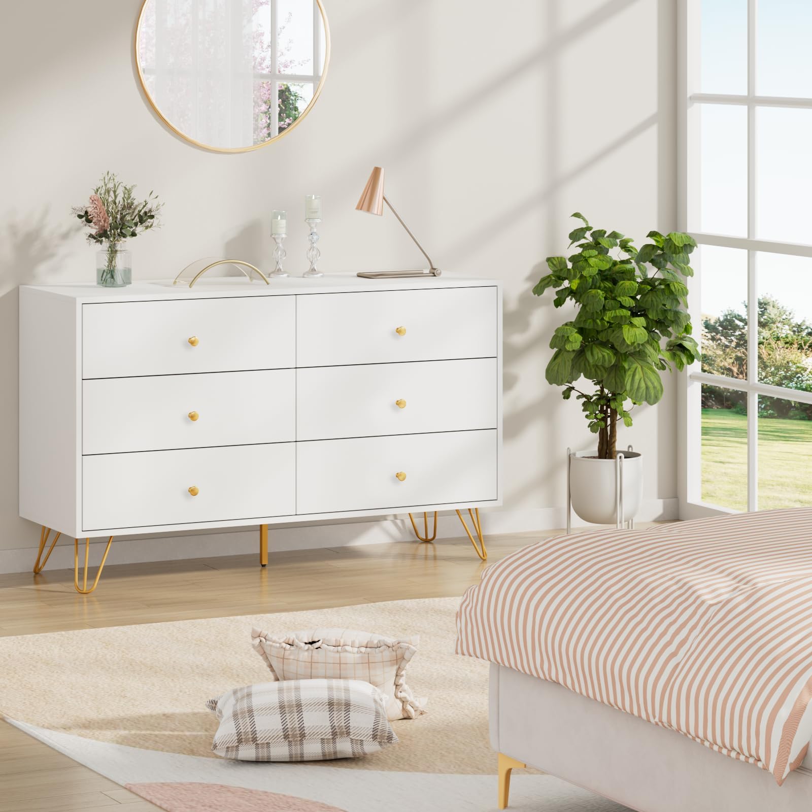 CARPETNAL White Dresser for Bedroom, 6 Drawer Dresser with Wide Drawers and Gold Metal Handles, Wood Dressers & Chest of Hallway, Nursery.