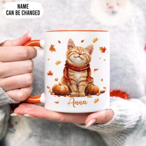 Hyturtle Personalized Fall Cat Mug - Cat Gifts For Women - Autumn Cat Gift For Cat Lovers - Fall Gift - Fall Autumn Decor Gift - Cat Gifts - Pet Gifts - Custom Name Coffee Cup Ceramic Mug 11oz - 15oz