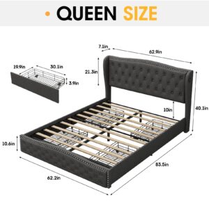 Vabches Queen Bed Frame with 4 Storage Drawers and Wingback Headboard, Upholstered Platform Bed Frame with LED Light & 2 Charging Station, Button Tufted and Rivet, No Box Spring Needed, Dark Grey