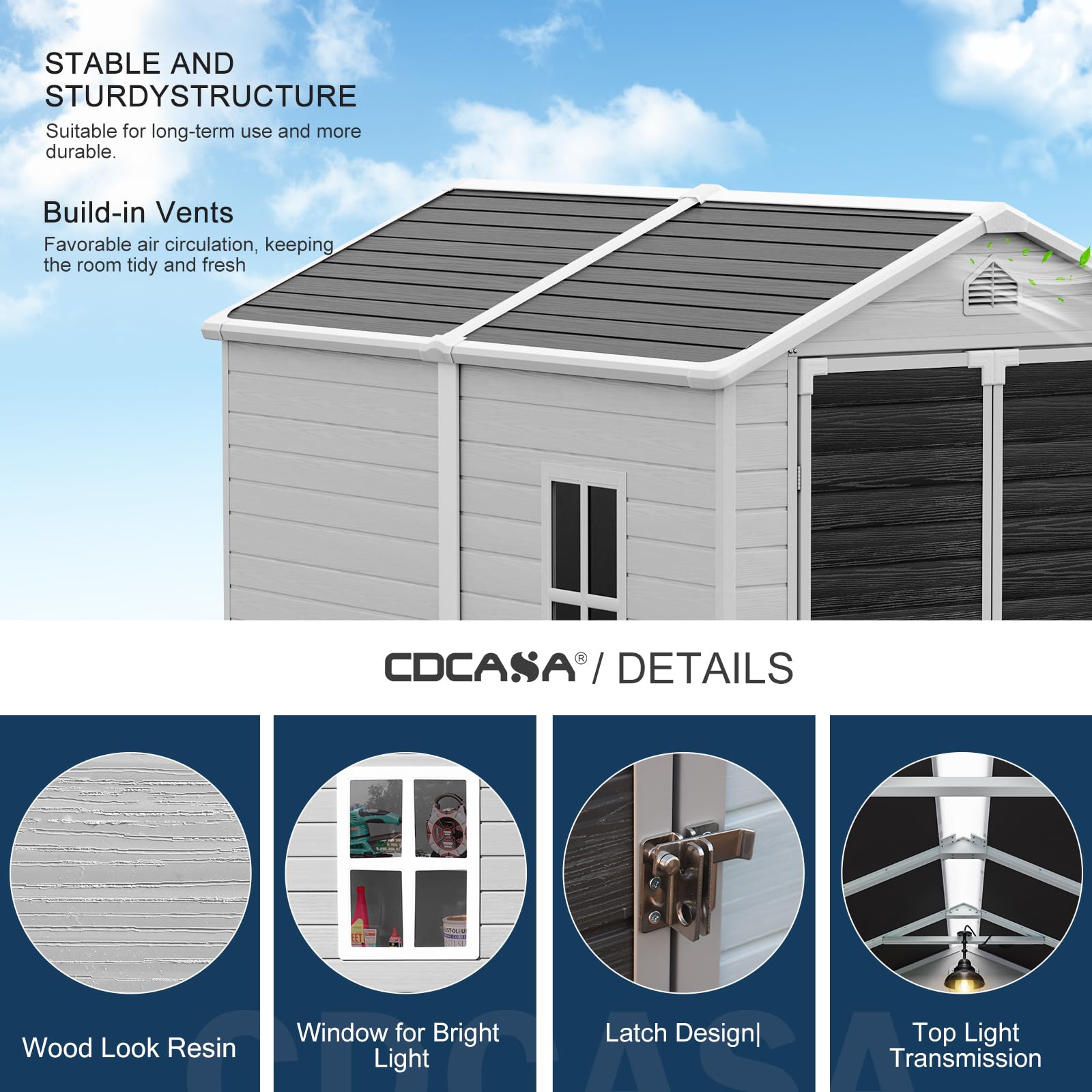 CDCASA 8x6 FT Outdoor Resin Storage Shed with Floor & Lockable Door & Window & Vents Included, Waterproof Outside Plastic Sheds for Backyard, Patio, Poolside, Lawn, Gray