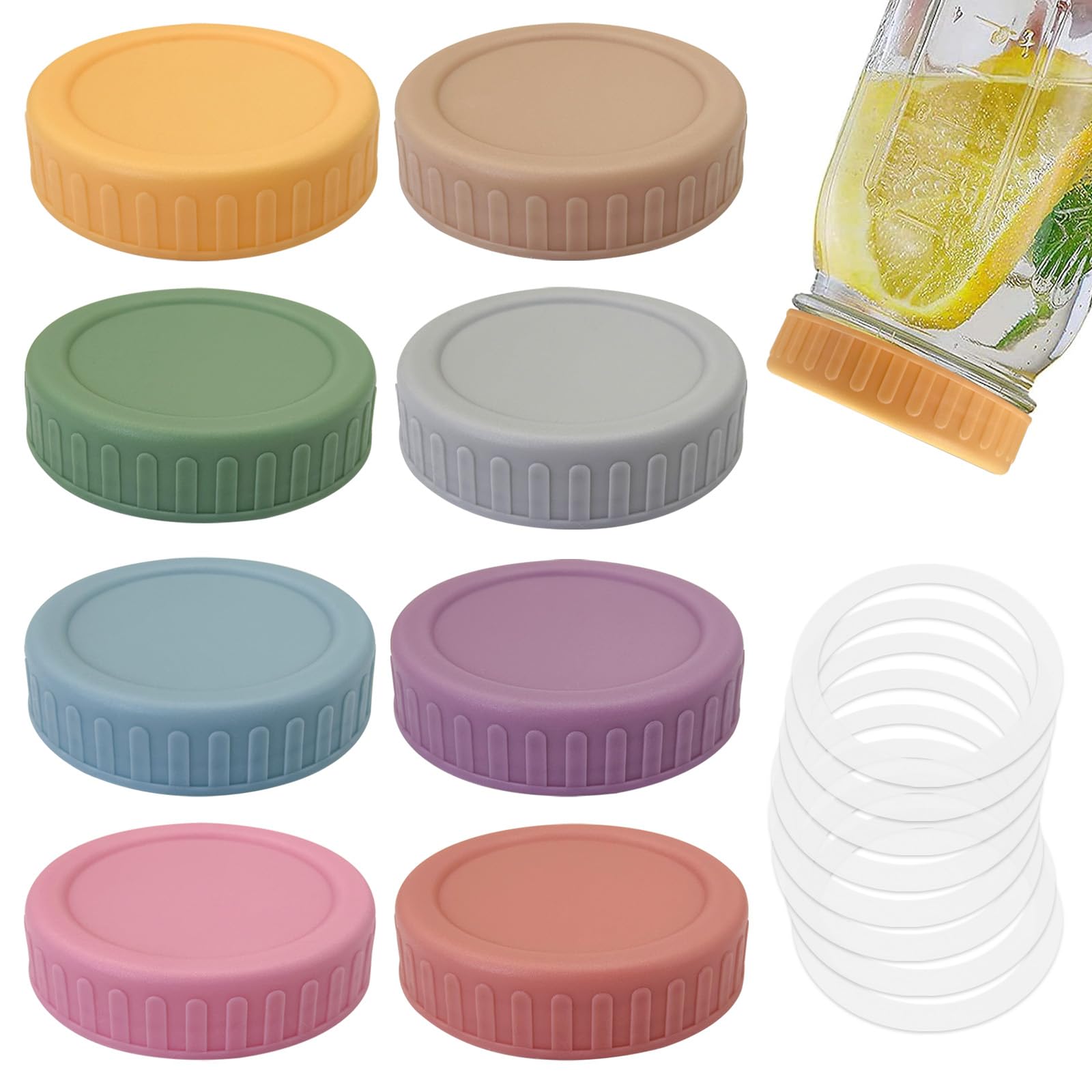 CJPSL Plastic Mason Jar Lids (8PCS) - Macaron Color Mason Jar Lids for Mason Jars, Ball Jars, Kerr Jars, etc. with Silicone Rings，Thickened and leakproof, Reusable Jar Lid Tops. (Regular mouth 70 mm)