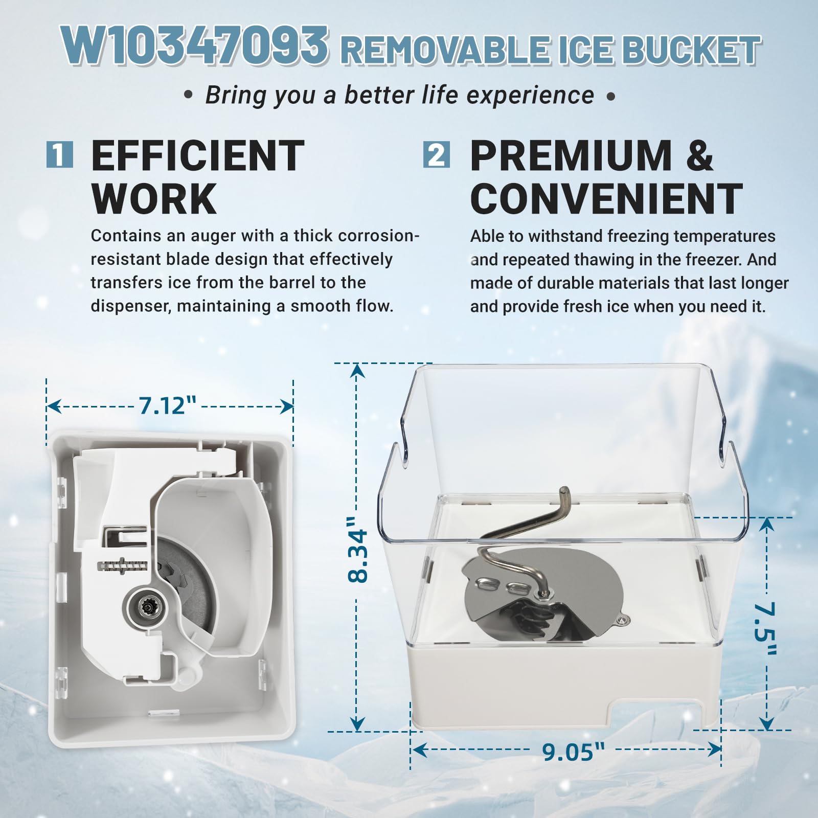 VORGENS W10347093 Ice Bucket, WPW10347093 Removable Ice Bin Compatible with Whirlpool, Maytag, KitchenAid, Jenn-Air Refrigerator Parts WRF736SDAM14 WRF767SDAM01#Replace W10347100, AP6020018, 2311097