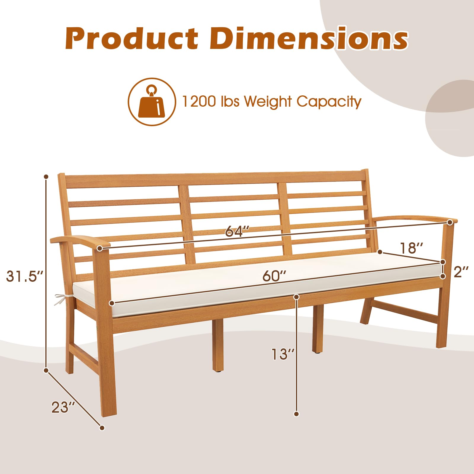 RELAX4LIFE 64’’ Outdoor Bench Acacia Wood - 3-Seat Patio Bench w/Slatted Backrest, Armrests & Seat Cushion, Extra Long Front Porch Bench for Park Poolside Yard, 1200LBS Capacity, 3-Person Garden Bench